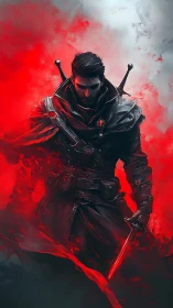 Shadowblade wanderer wrapped in red mist and quiet fire.