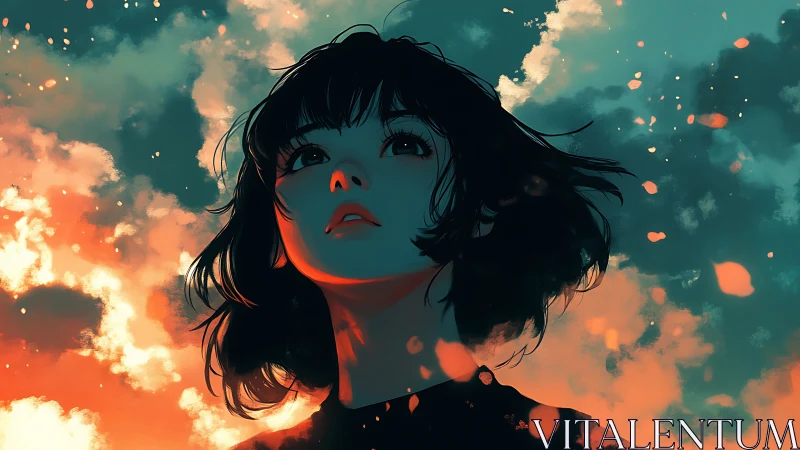 Girl illuminated by burning twilight clouds and embers.