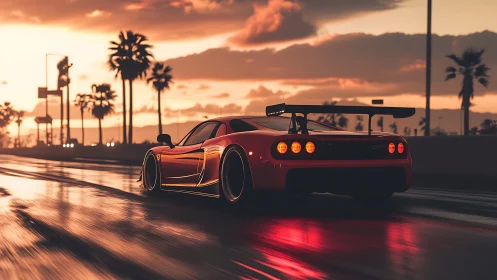 Supercar races through neon-lit sunset highway scene.
