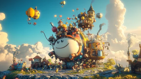 Whimsical spherical robot city rolls through bright cloudy sky