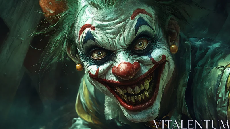 Sinister clown portrait with predatory manic grin.