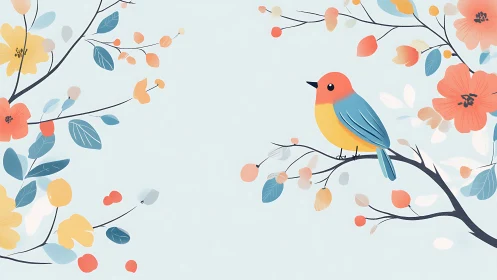 Stylized Bird Perched Among Flowering Branches.