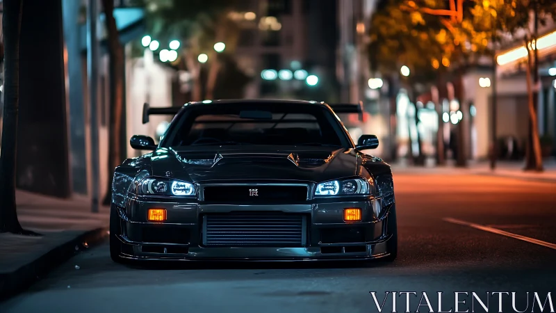 Midnight city streets meet a gleaming tuned sports icon.