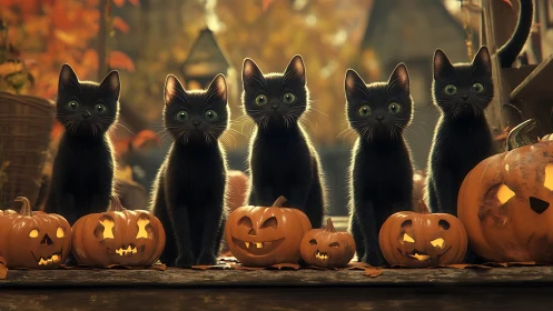 Five Spectral Sentinels Guard the Glowing Pumpkin Vigil.