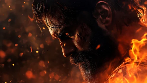 Battle-scarred warrior crowned in storming embers of fire.