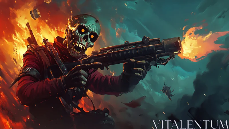 Skeletal armed figure discharges rifle amid burning background