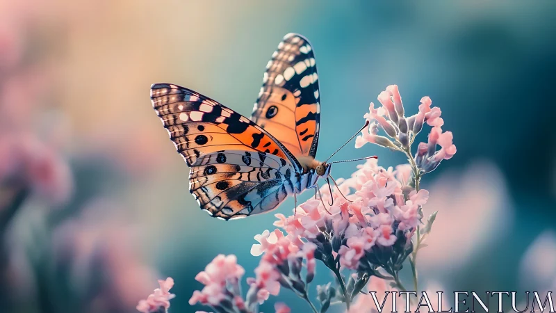 Orange patterned butterfly on pink blossoms in soft focus.