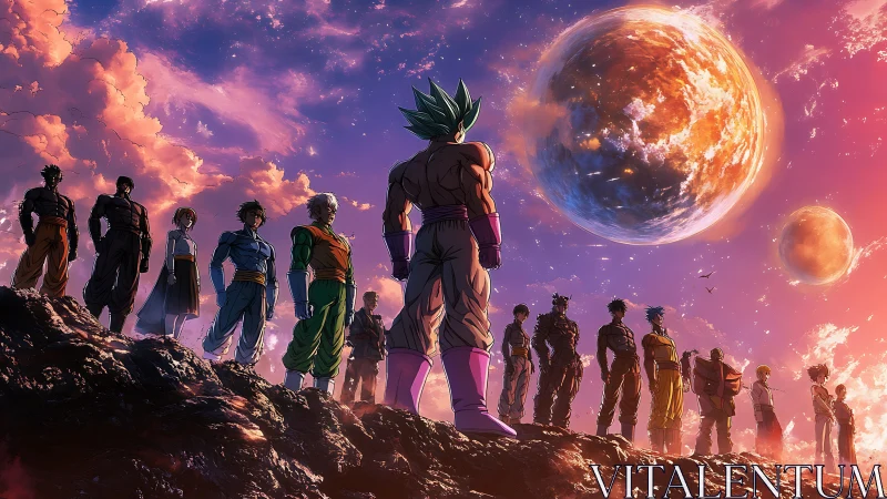 Heroes stand united beneath glowing cosmic worlds.