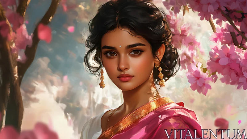 Elegant woman in traditional attire among cherry blossoms, digital art.