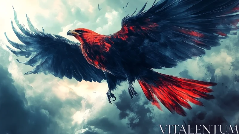 Majestic red and black eagle soaring in dramatic digital art.