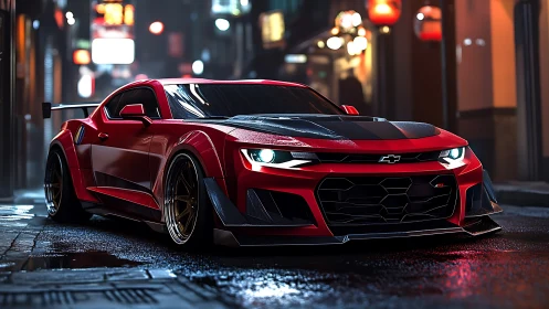 Midnight red Camaro stalks neon-soaked city streets. Period.