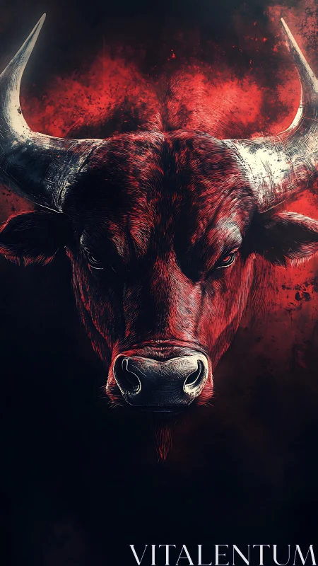 Bull head illustration against intense red abstract backdrop.