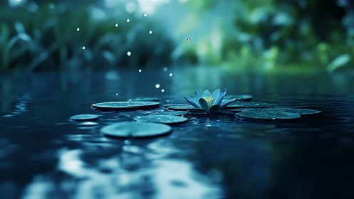 Luminous blue water lily glows calmly amid falling raindrops.