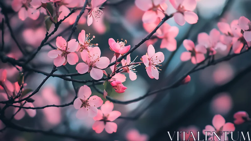 Pink cherry blossoms clustered on dark slender branches.