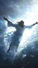 Radiant figure rising through luminous crashing waves.