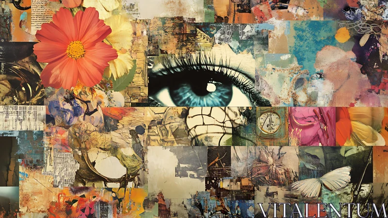 Fragmented mixed-media collage unifying macro eye, florals and texture fields