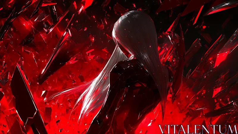 Backlit chrome figure cuts silhouette through red crystalline shards