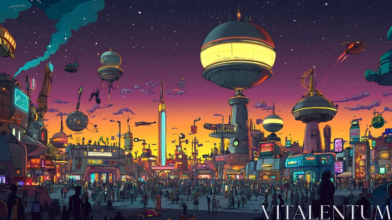 Futuristic sunset megacity with floating transit hubs and crowds