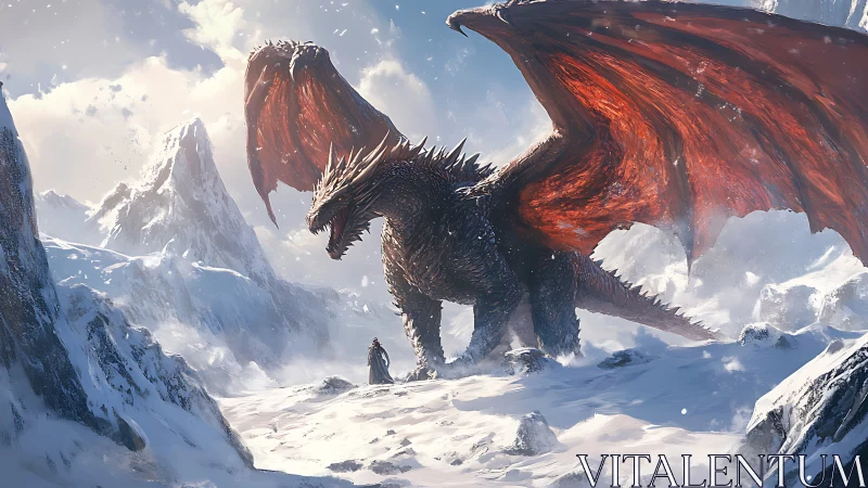Crimson-winged dragon confronting lone figure in snowstorm.