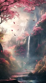 Whispered spring waterfall tucked in a pink blossom valley.