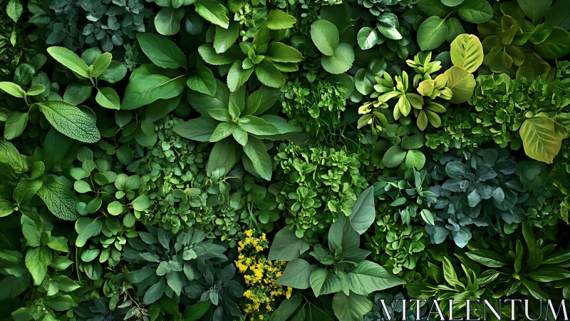Lush Green Foliage Wall with Diverse Leaves, Natural Style.