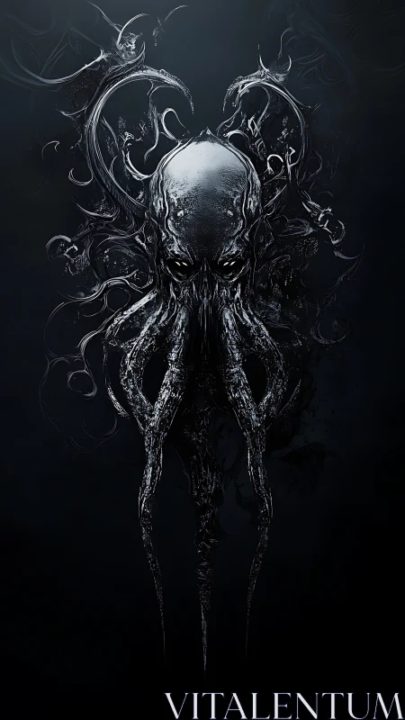 Eldritch chrome cephalopod entity in voidlike darkness.