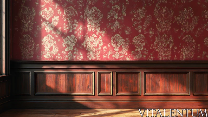 Red damask wall with wood wainscoting in sunlight.