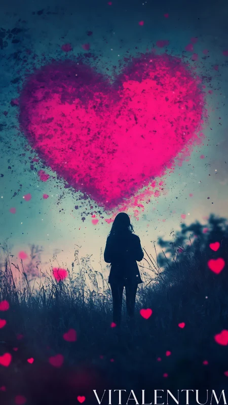 Silhouette Woman Standing in Field Beneath Glowing Heart Cloud.