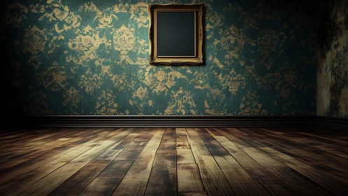 Empty gilded frame hangs in a worn vintage interior room.