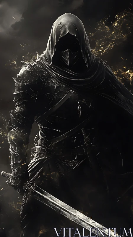 Dark hooded swordsman in burning shadow armor illustration.