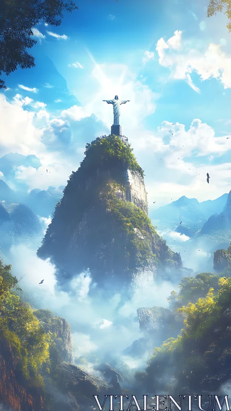 Statue-topped mountain rises above mist-filled valley landscape