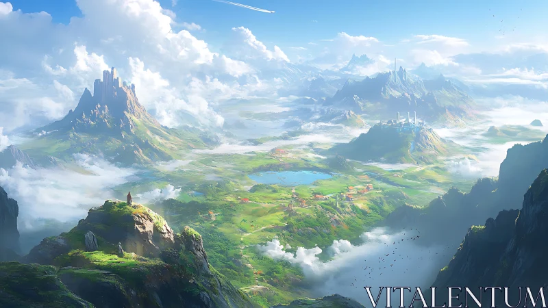 Vast fantasy valley under luminous clouds and distant peaks.