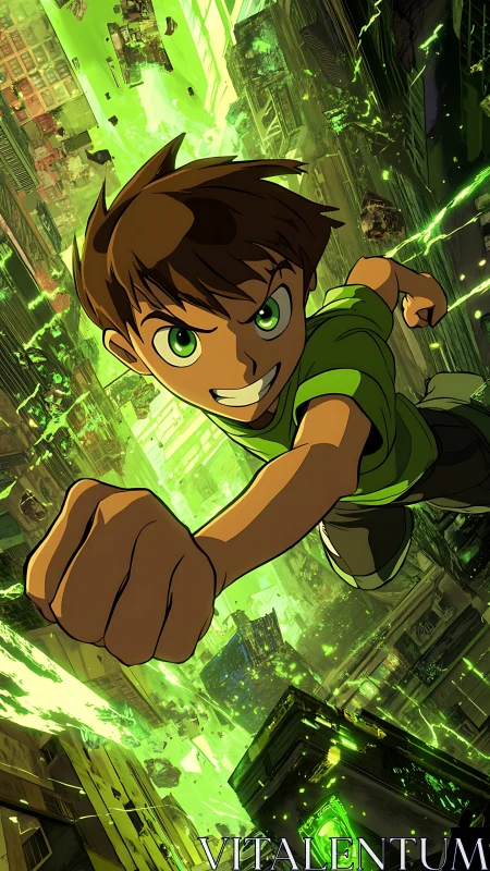 Boy hero rockets through neon city with green energy.