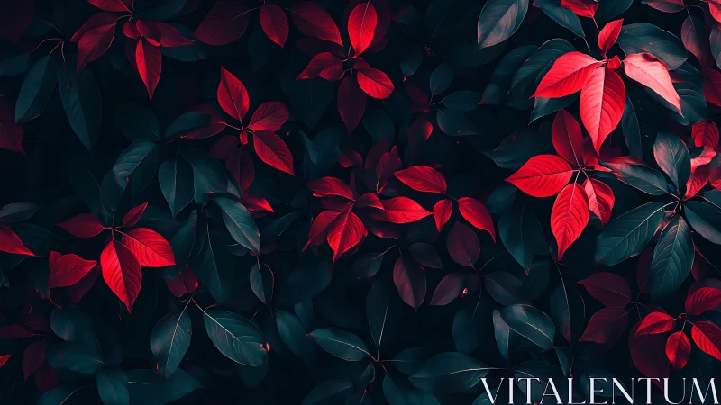 Velvet red leaves glowing softly against deep midnight green.