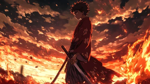 Fiery sky surrounds a calm swordsman ready to face destiny