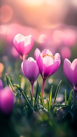 Gentle pink crocuses glowing softly in early spring light.