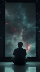 Silhouette observing star field through large vertical window.