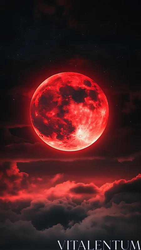 Digital painting of a radiant blood moon above storm clouds.