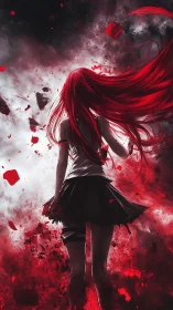 Red haired warrior strides through a storm of crimson fury