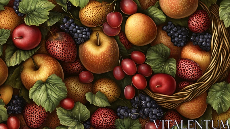 Hyperreal woven basket still life layers ripe mixed fruits