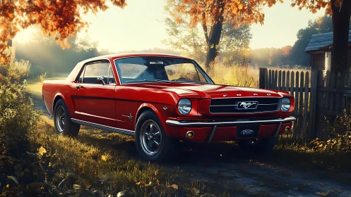 Classic red pony car rendered with high-gloss reflections and autumn backlight