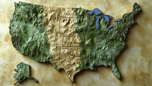 Relief topographic wall map of the continental United States.