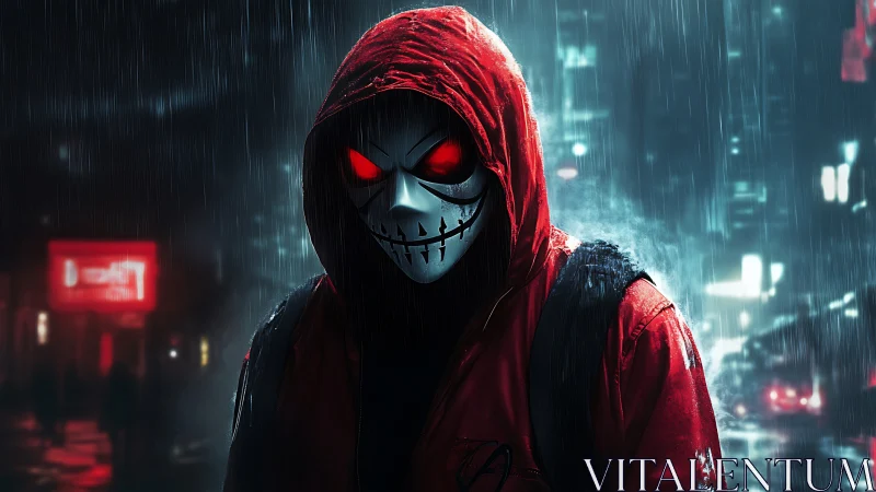 Hooded urban phantom with glowing red eyes in neon rain.