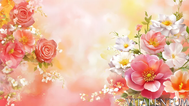 Multi-layered floral composition with coral roses and daisy clusters rendered in soft focus gradient