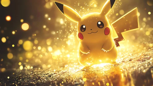 Glowing Pikachu stands in radiant golden electric light