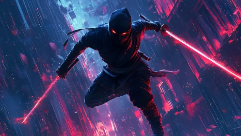 Cyberpunk neon assassin with dual energy blades in descent.