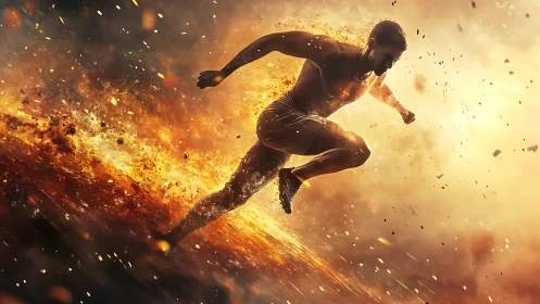 Male sprinter runs through explosive fiery abstract background.