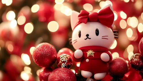 Festive kitten mascot poses proudly amid glittering bokeh cheer