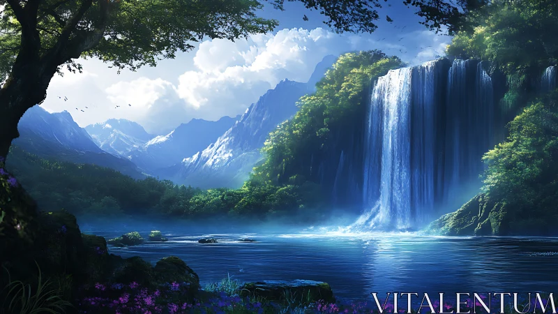 Mystic valley waterfall pouring light into sapphire lake.