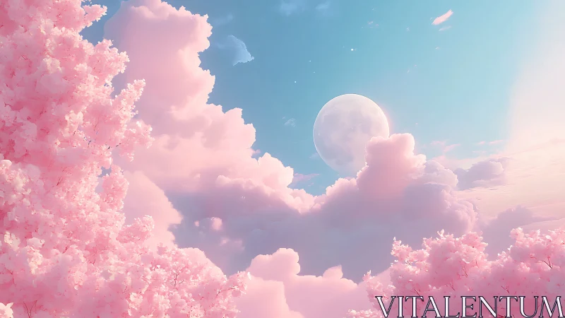 Cotton candy clouds drifting above soft cherry blooms.